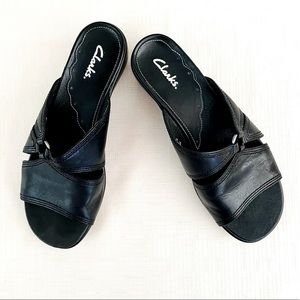 Clarks Slip on Black Leather Sandals, 2” molded heel, size 8